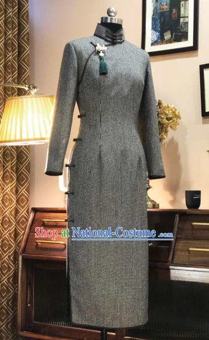 Chinese Traditional Grey Woolen Qipao Dress National Tang Suit Cheongsam Costumes for Women