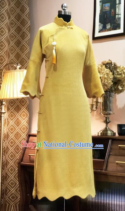 Chinese Traditional Yellow Corduroy Qipao Dress National Tang Suit Cheongsam Costumes for Women