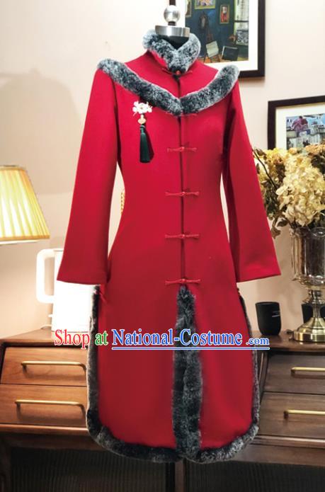 Chinese Traditional Winter Red Woolen Coat National Tang Suit Overcoat Costumes for Women