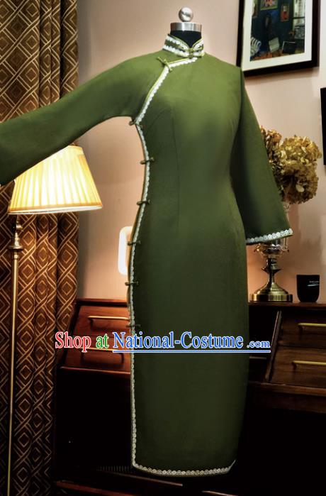 Chinese Traditional Green Woolen Qipao Dress National Tang Suit Cheongsam Costumes for Women