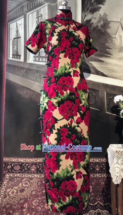 Chinese Traditional Printing Roses Qipao Dress National Tang Suit Cheongsam Costumes for Women