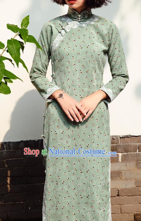 Chinese Traditional Green Corduroy Qipao Dress National Tang Suit Cheongsam Costumes for Women