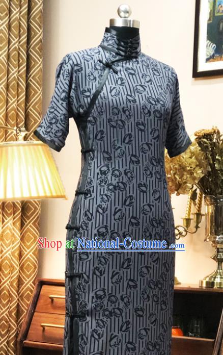 Chinese Traditional Printing Grey Qipao Dress National Tang Suit Cheongsam Costumes for Women