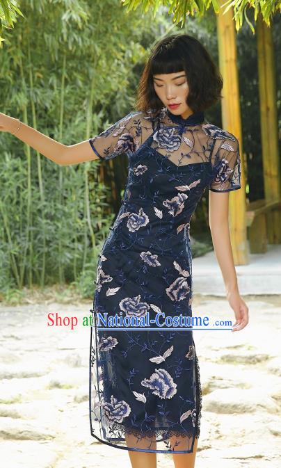 Chinese Traditional Embroidered Peony Navy Qipao Dress National Tang Suit Cheongsam Costumes for Women