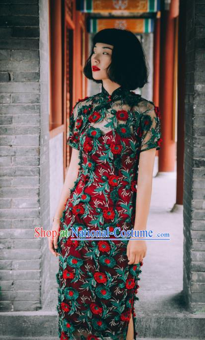 Chinese Traditional Embroidered Purplish Red Qipao Dress National Tang Suit Cheongsam Costumes for Women