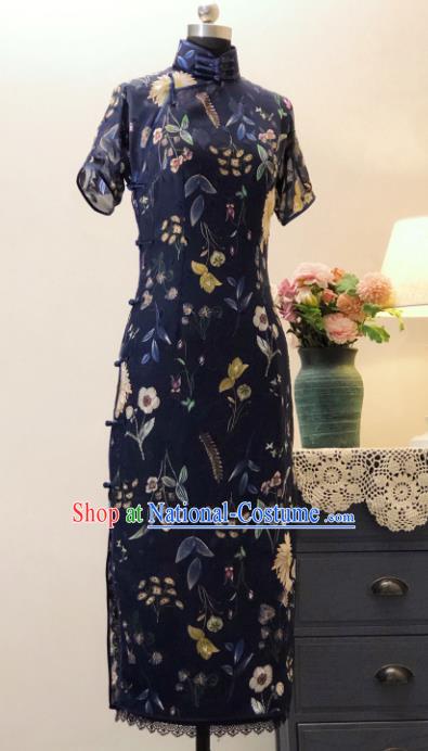 Chinese Traditional Navy Chiffon Qipao Dress National Tang Suit Cheongsam Costumes for Women