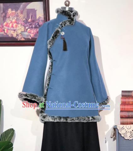 Chinese Traditional Winter Blue Woolen Coat National Tang Suit Overcoat Costumes for Women