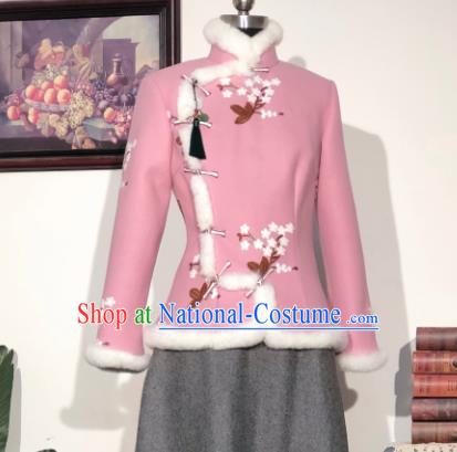 Chinese Traditional Winter Pink Woolen Coat National Tang Suit Overcoat Costumes for Women