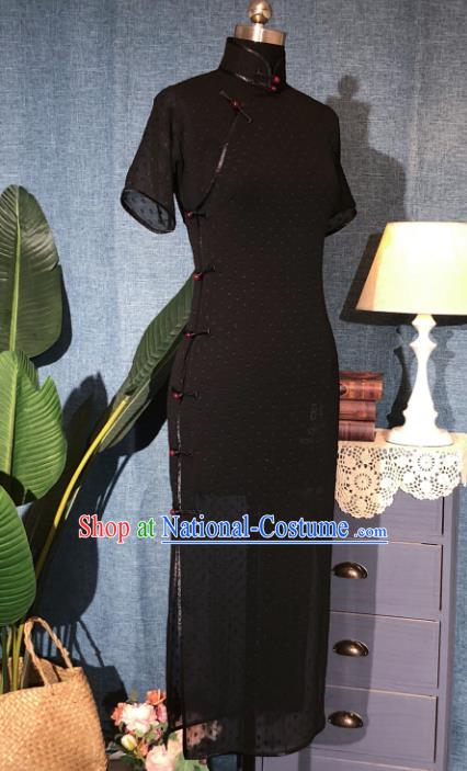 Chinese Traditional Black Chiffon Qipao Dress National Tang Suit Cheongsam Costumes for Women