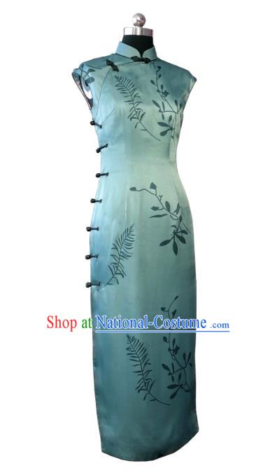 Chinese Traditional Green Silk Qipao Dress National Tang Suit Cheongsam Costumes for Women