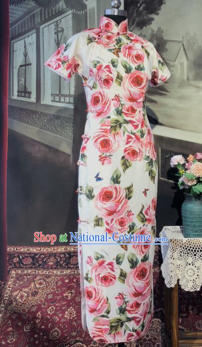 Chinese Traditional Printing Roses White Qipao Dress National Tang Suit Cheongsam Costumes for Women