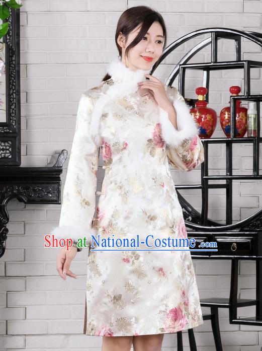 Chinese Traditional Winter Printing White Qipao Dress National Tang Suit Cheongsam Costumes for Women