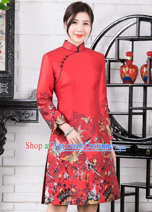 Chinese Traditional Winter Printing Red Qipao Dress National Tang Suit Cheongsam Costumes for Women