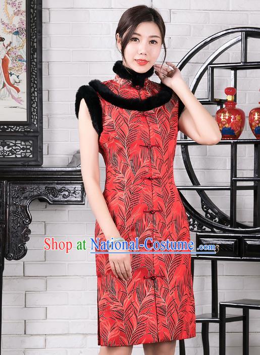 Chinese Traditional Winter Red Vest Qipao Dress National Tang Suit Cheongsam Costumes for Women