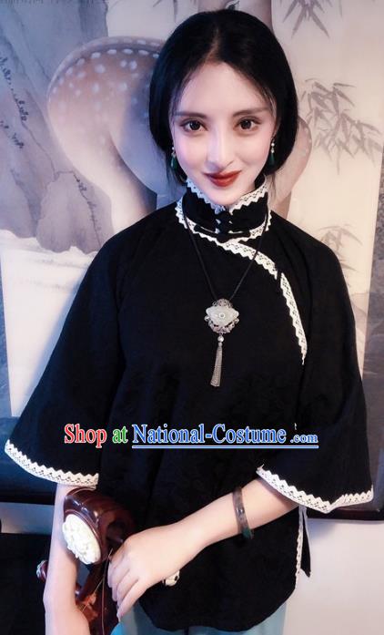 Chinese Traditional Black Shirt National Tang Suit Upper Outer Garment Blouse Costume for Women