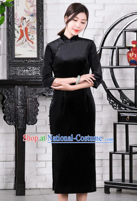 Chinese Traditional Black Velvet Qipao Dress National Tang Suit Cheongsam Costumes for Women