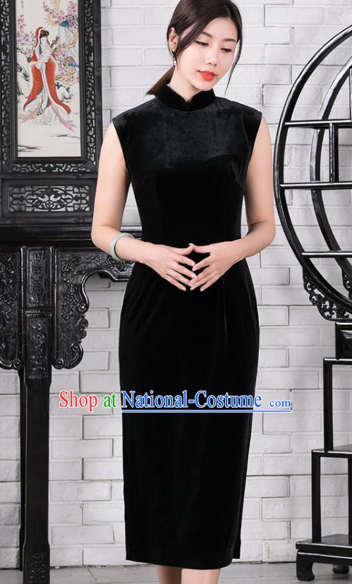 Chinese Traditional Black Velvet Sleeveless Qipao Dress National Tang Suit Cheongsam Costumes for Women