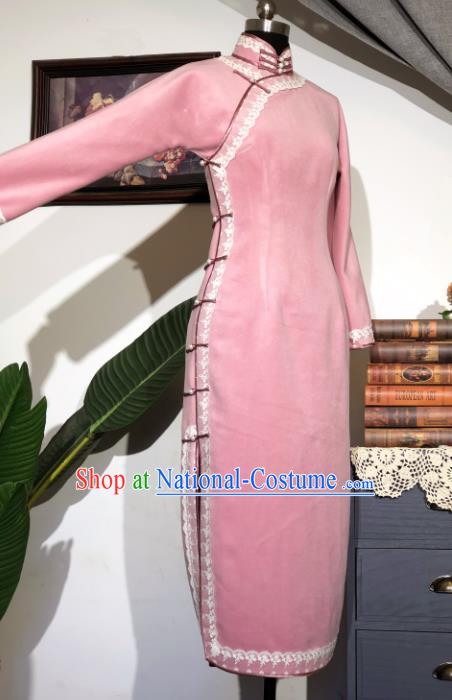 Chinese Traditional Pink Woolen Qipao Dress National Tang Suit Cheongsam Costumes for Women