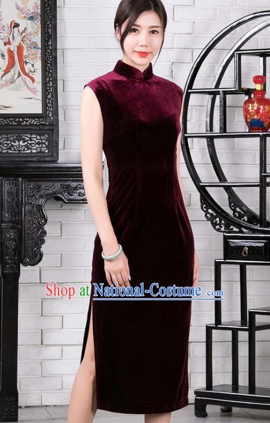 Chinese Traditional Wine Red Velvet Sleeveless Qipao Dress National Tang Suit Cheongsam Costumes for Women