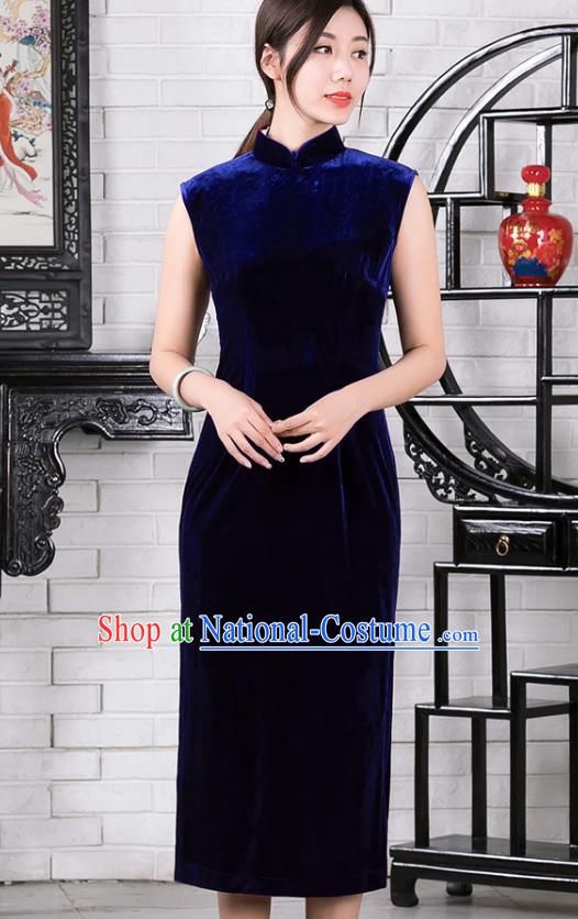 Chinese Traditional Royalblue Velvet Sleeveless Qipao Dress National Tang Suit Cheongsam Costumes for Women