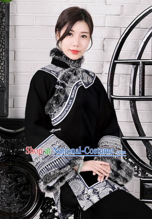 Chinese Traditional Winter Black Woolen Coat National Tang Suit Overcoat Costumes for Women