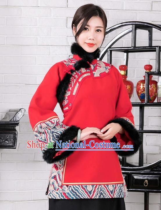 Chinese Traditional Winter Red Woolen Coat National Tang Suit Overcoat Costumes for Women