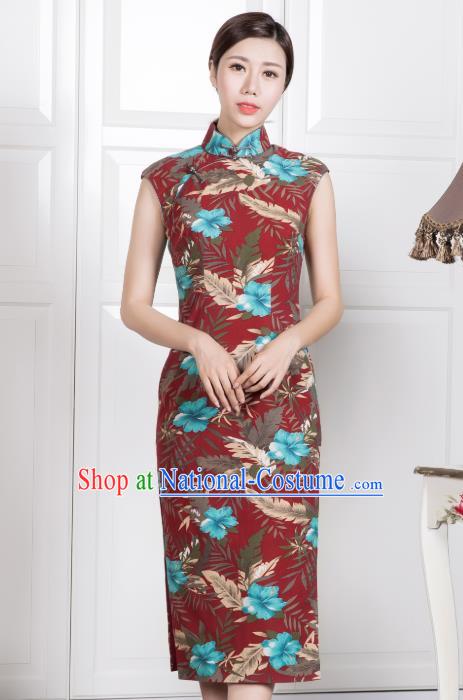 Chinese Traditional Printing Purplish Red Qipao Dress National Tang Suit Cheongsam Costumes for Women