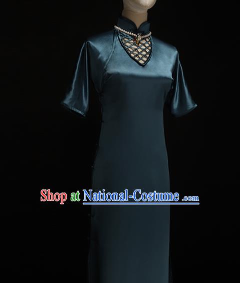 Chinese Traditional Peacock Blue Silk Qipao Dress National Tang Suit Cheongsam Costumes for Women