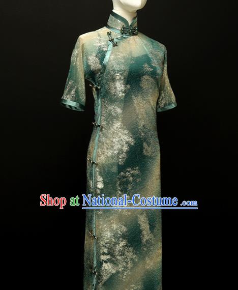 Chinese Traditional Green Fiber Qipao Dress National Tang Suit Cheongsam Costumes for Women