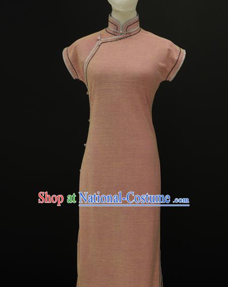 Chinese Traditional Pink Knitting Qipao Dress National Tang Suit Cheongsam Costumes for Women