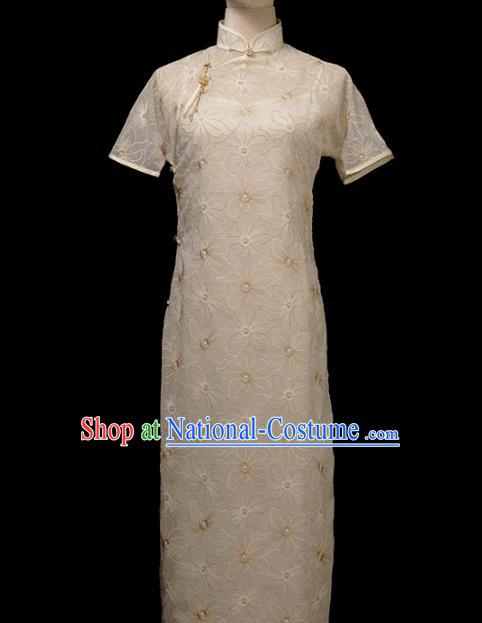 Chinese Traditional White Plated Buttons Qipao Dress National Tang Suit Cheongsam Costumes for Women