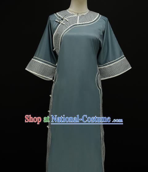 Chinese Traditional Plated Buttons Blue Qipao Dress National Tang Suit Cheongsam Costumes for Women