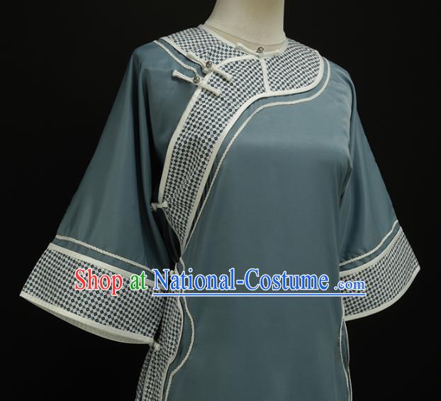 Chinese Traditional Plated Buttons Blue Qipao Dress National Tang Suit Cheongsam Costumes for Women