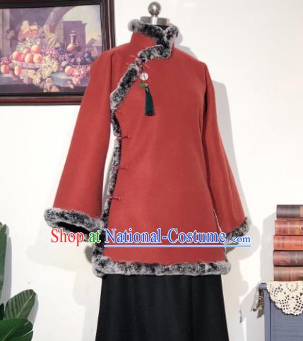 Chinese Traditional Winter Purplish Red Coat National Tang Suit Overcoat Costumes for Women