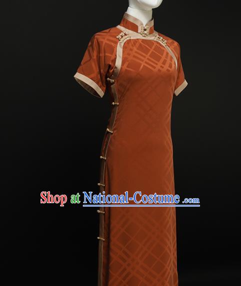 Chinese Traditional Orange Silk Long Qipao Dress National Tang Suit Cheongsam Costumes for Women