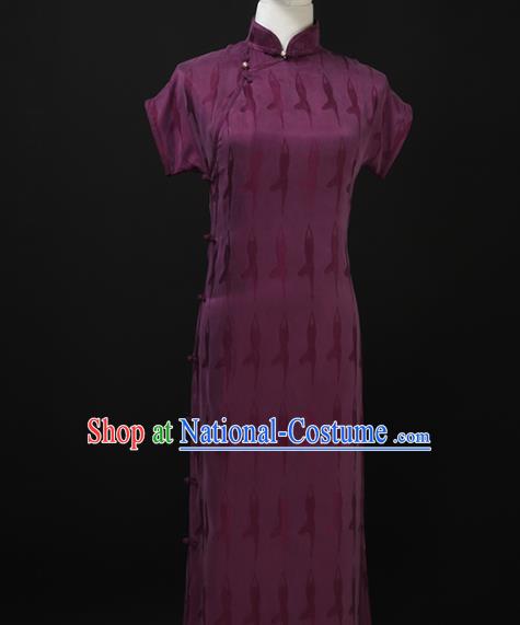 Chinese Traditional Purple Silk Long Qipao Dress National Tang Suit Cheongsam Costumes for Women