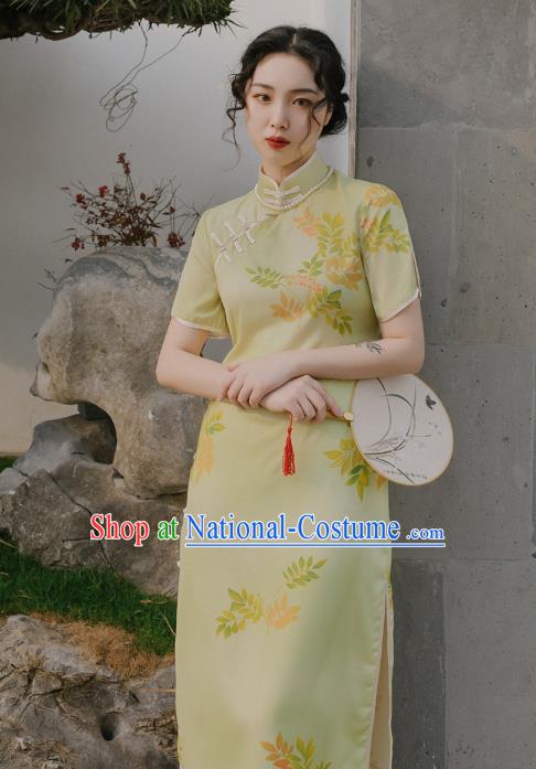 Chinese Traditional Retro Yellow Qipao Dress National Tang Suit Cheongsam Costumes for Women