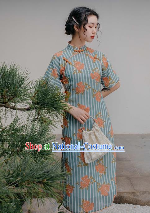 Chinese Traditional Retro Printing Green Qipao Dress National Tang Suit Cheongsam Costumes for Women