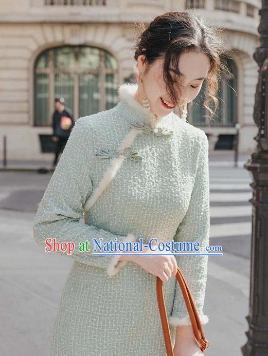 Chinese Traditional Winter Retro Light Green Qipao Dress National Tang Suit Cheongsam Costumes for Women