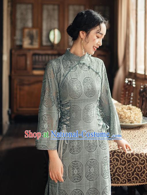 Chinese Traditional Retro Blue Lace Qipao Dress National Tang Suit Cheongsam Costumes for Women