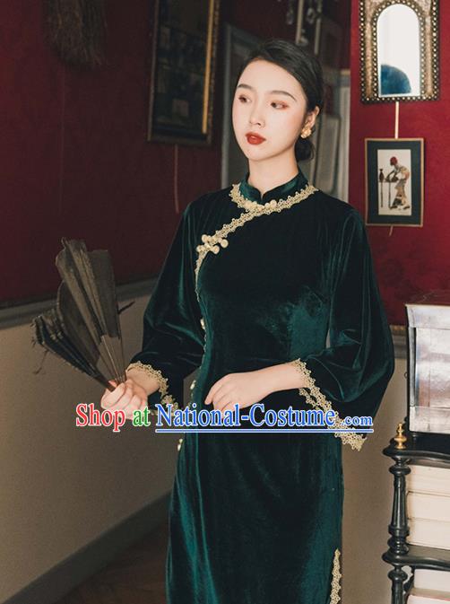 Chinese Traditional Retro Deep Green Velvet Qipao Dress National Tang Suit Cheongsam Costumes for Women