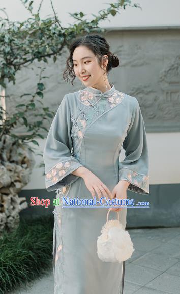 Chinese Traditional Retro Light Blue Qipao Dress National Tang Suit Cheongsam Costumes for Women