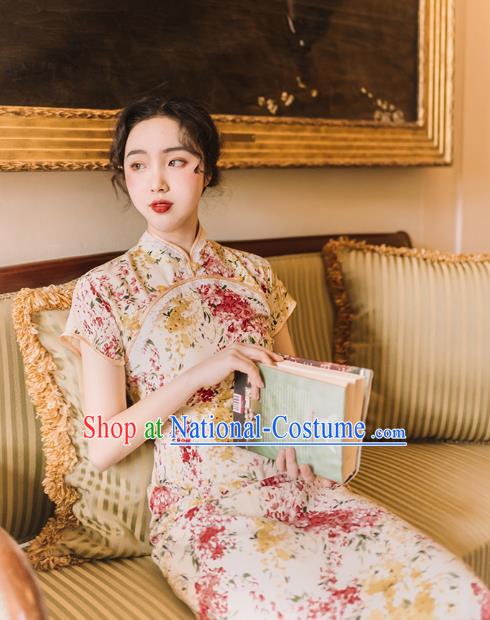 Chinese Traditional Retro Printing Qipao Dress National Tang Suit Cheongsam Costumes for Women