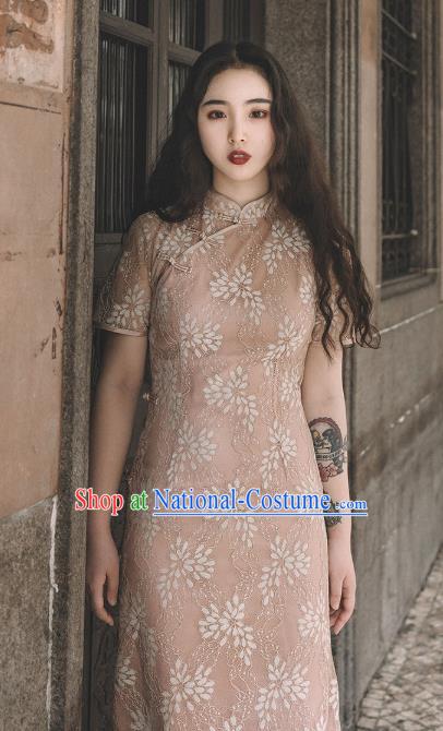 Chinese Traditional Deep Pink Lace Qipao Dress National Tang Suit Cheongsam Costumes for Women