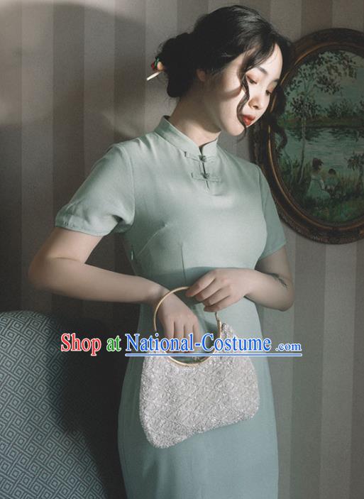 Chinese Traditional Green Short Qipao Dress National Tang Suit Cheongsam Costumes for Women