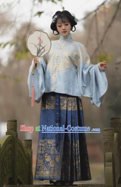 Chinese Traditional Ming Dynasty Princess Blue Dress Ancient Court Lady Historical Costumes for Women