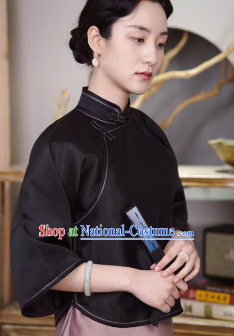 Chinese Traditional Tang Suit Black Organza Blouse National Shirt Upper Outer Garment Costumes for Women