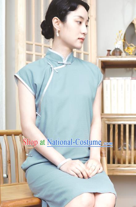 Republic of China Traditional Lake Blue Qipao Dress Chinese National Tang Suit Cheongsam Costumes for Women