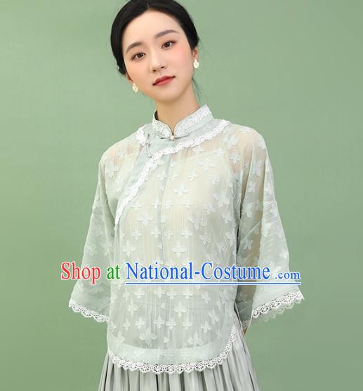 Chinese Traditional Tang Suit Light Green Blouse National Shirt Upper Outer Garment Costumes for Women