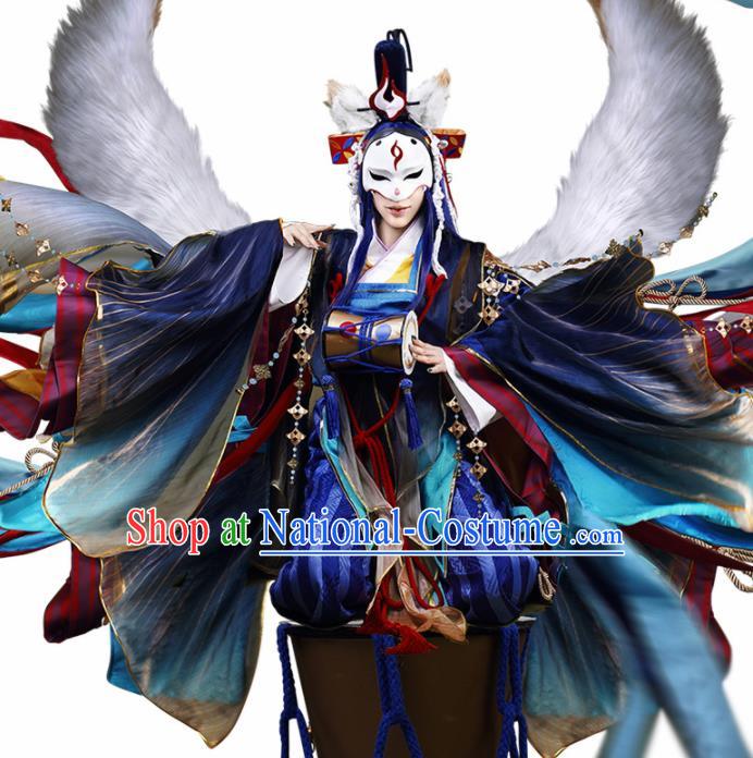 Japanese Traditional Cosplay Onmyoji Blue Clothing Ancient Knight Swordsman Costumes for Men